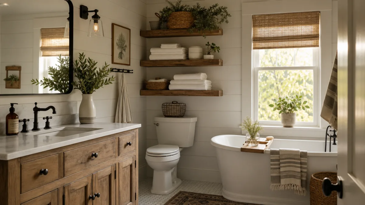 a finished farmhouse bathroom with open wooden shelves, white towels, and potted…