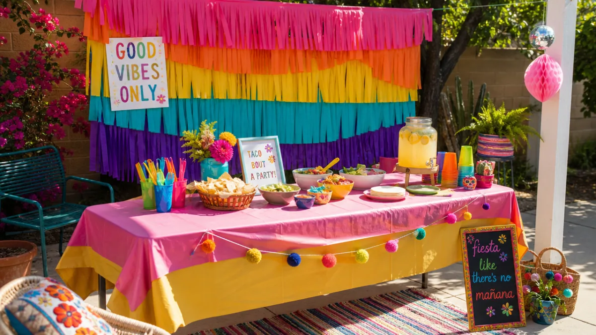a colorful outdoor party table covered in layered plastic tablecloths with handmade…