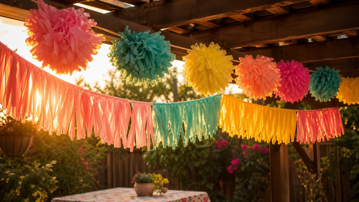 handmade plastic tablecloth pom-poms and fringe hanging from a wooden pergola outdoors,…