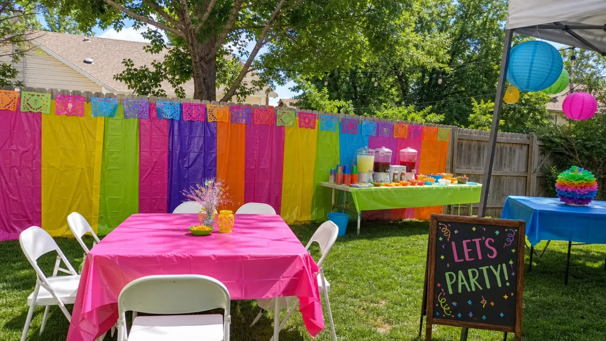 a backyard outdoor party setup with plastic tablecloth fence decorations in bright…