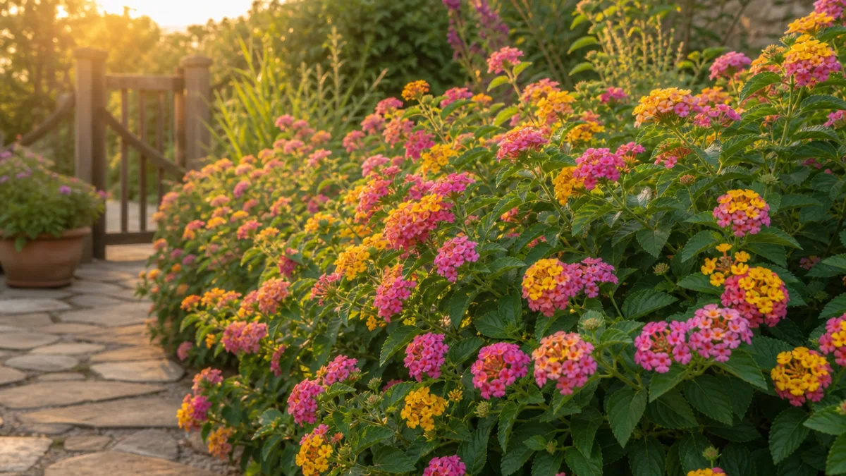 a lush garden border filled with blooming lantana plants in pink and…