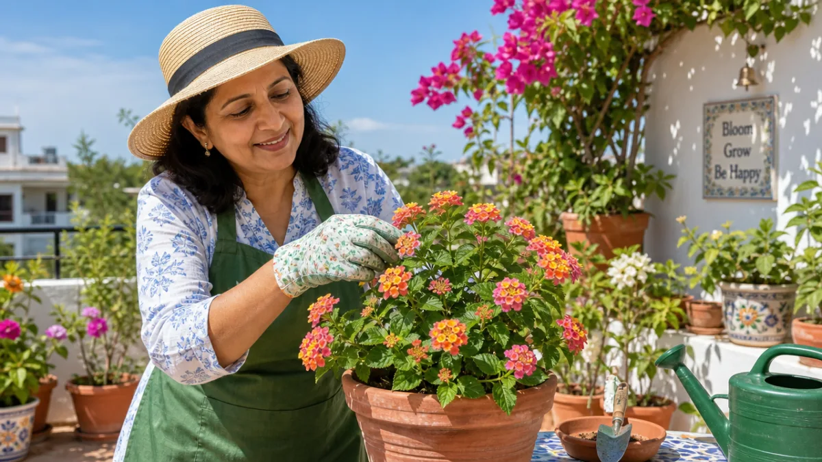 a gardener tending to a potted lantana plant on a sunny terrace,…
