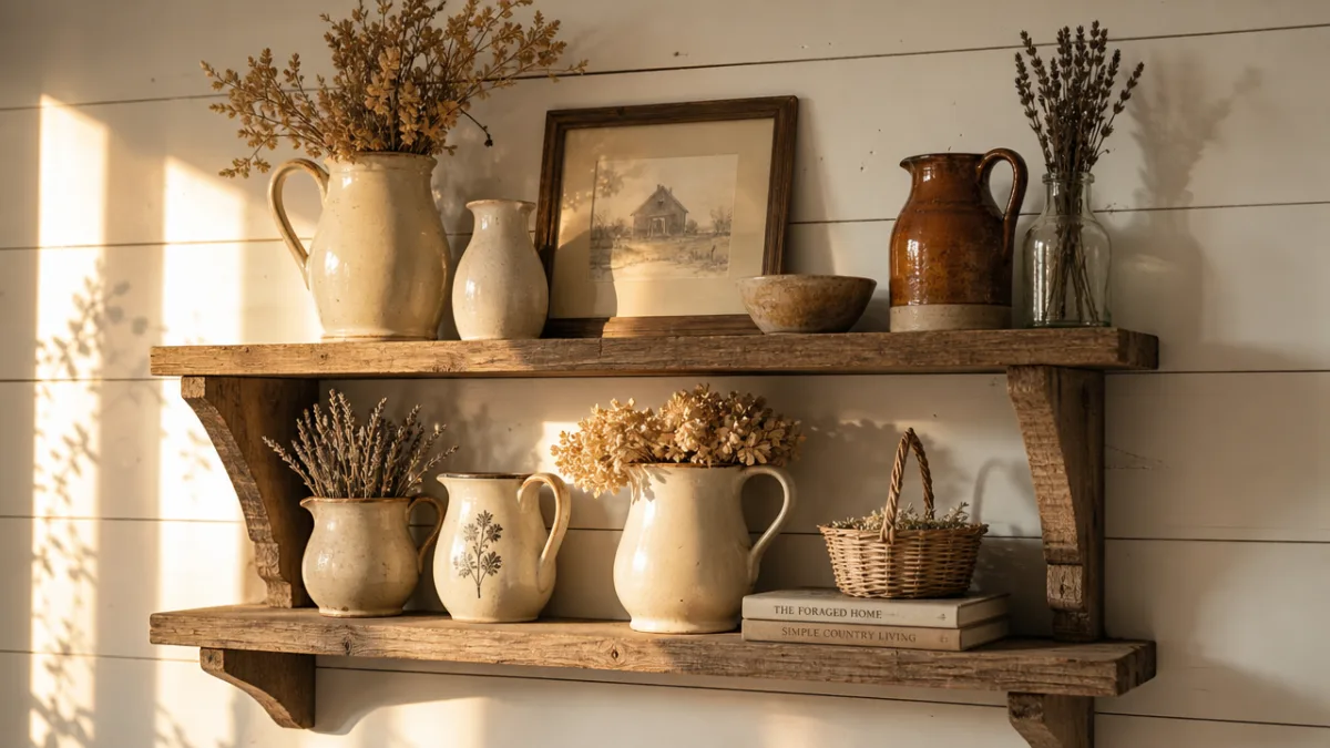 a rustic wooden farmhouse shelf mounted on a white shiplap wall displaying…