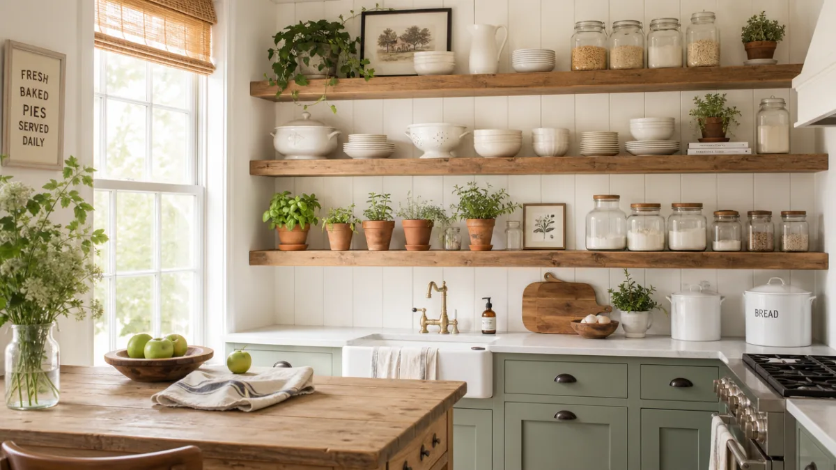 a bright farmhouse kitchen with open wooden shelves displaying white ceramic dishes,…