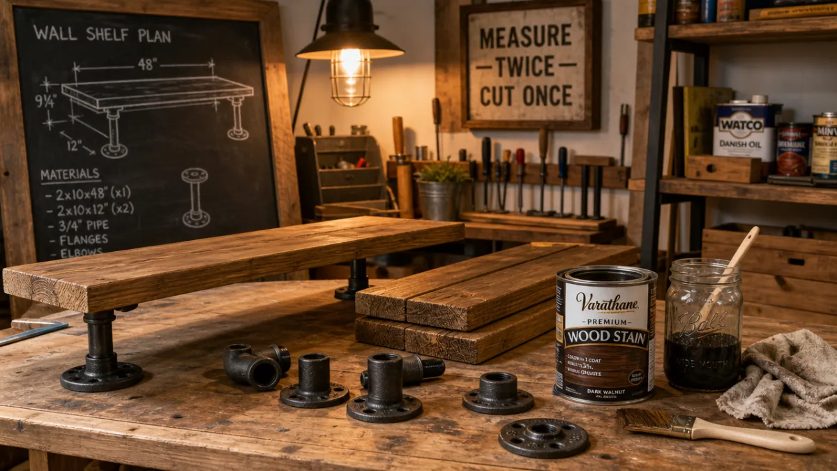 a cozy DIY workshop scene with raw wooden planks, iron pipe brackets,…