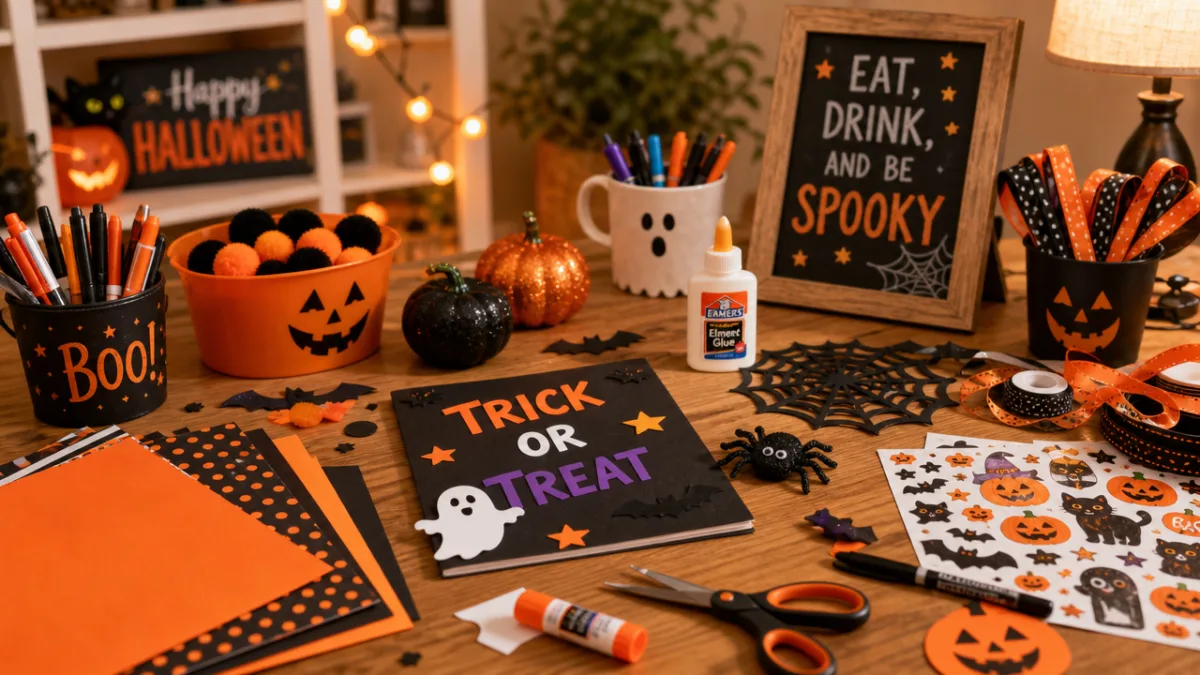 a cheerful craft table covered with Halloween supplies in orange and black,…