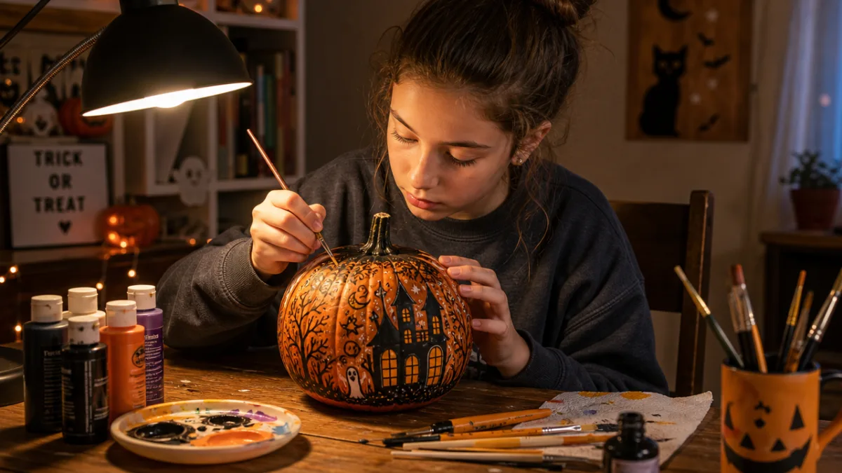 a tween carefully painting an intricate Halloween pumpkin craft on a wooden…