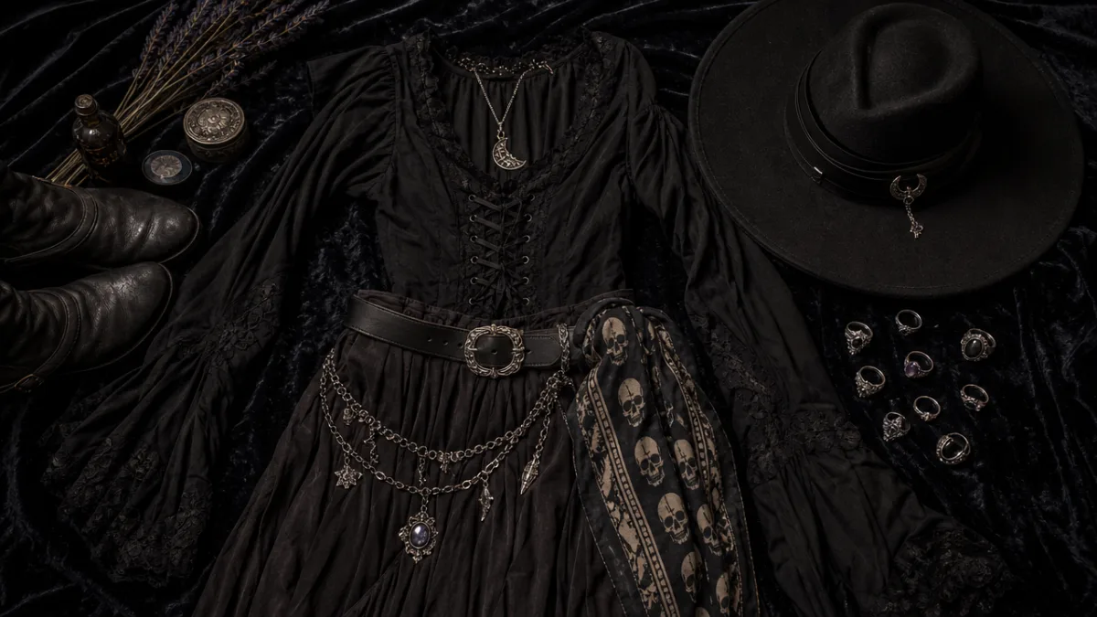 a witchcore outfit laid out on dark velvet with skull bandana, wide-brimmed…