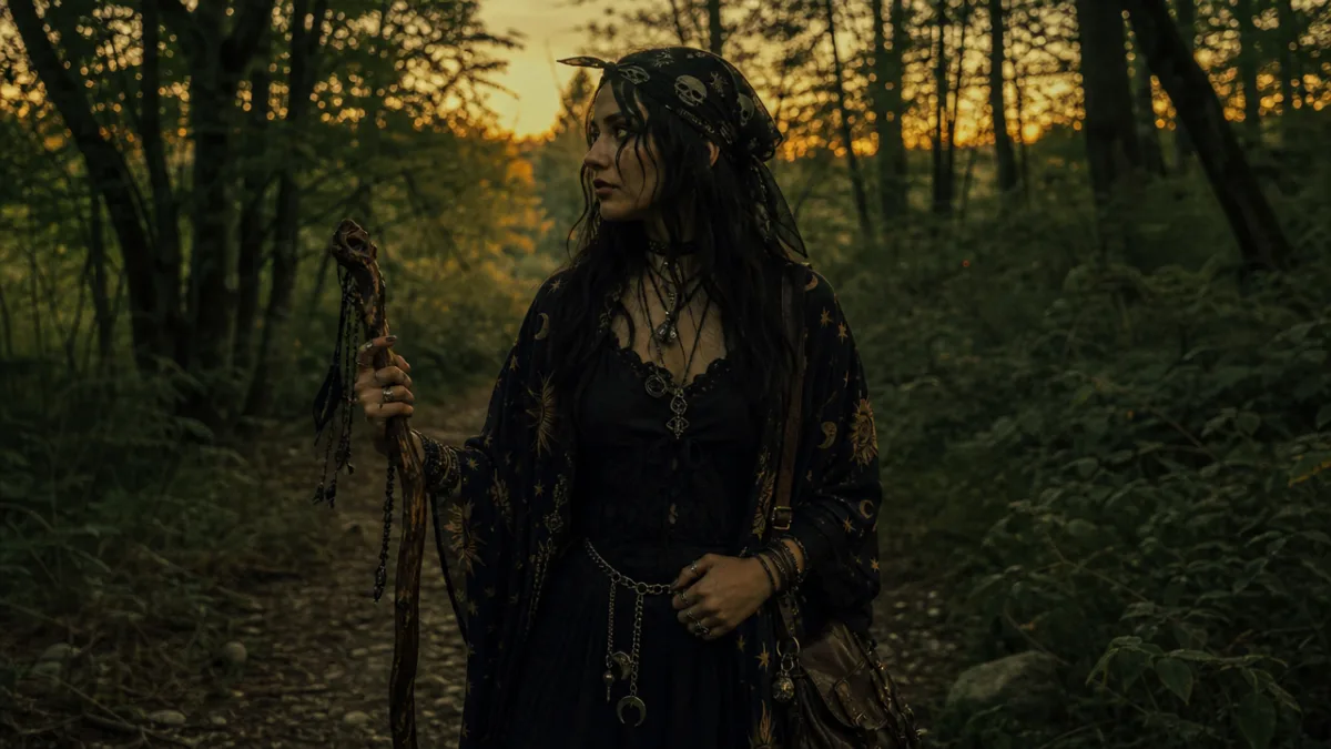 a person in full witchcore styling with skull bandana tied at the…