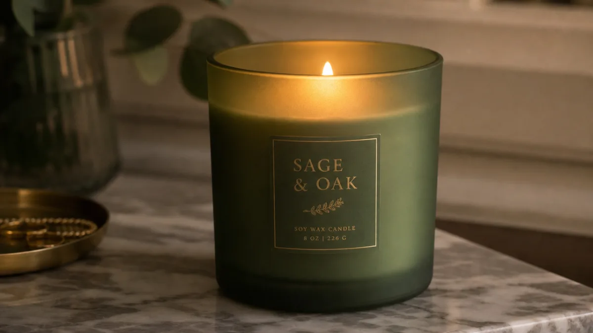 a close-up of a green frosted glass candle on a marble surface,…