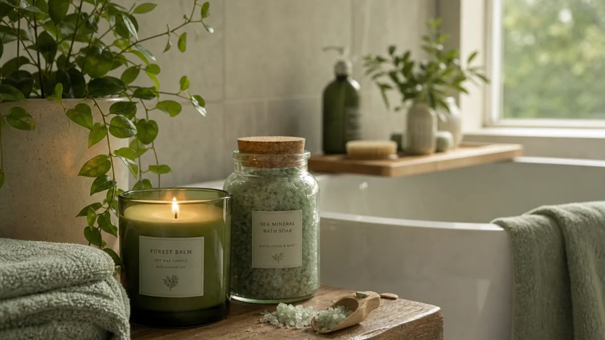 a tranquil bathroom setting with a green glass candle glowing beside bath…
