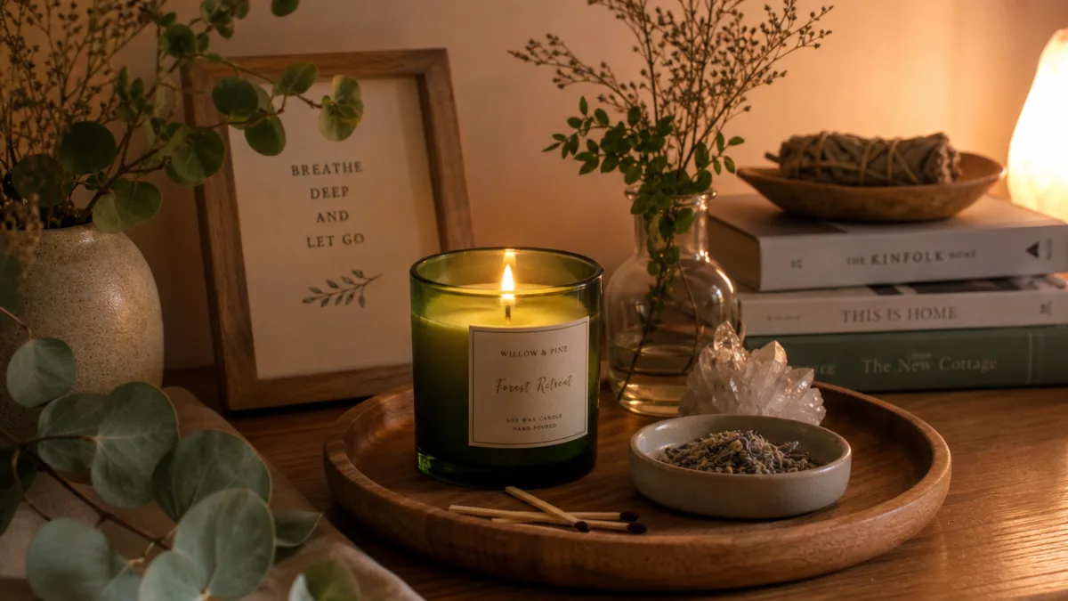 a cozy wellness corner with a green glass candle glowing on a…