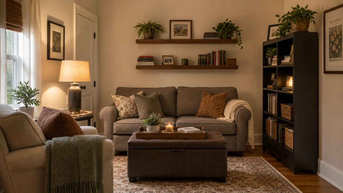 a cozy small living room with a storage ottoman coffee table, warm…