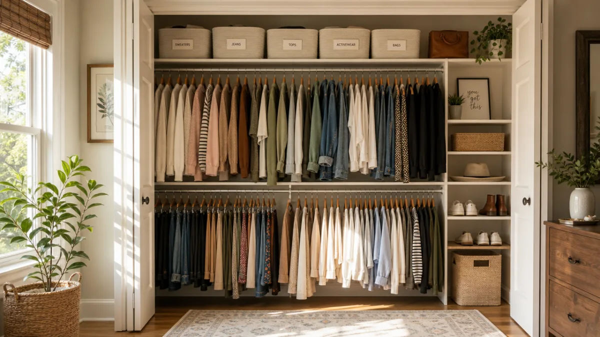 an open organized closet with double hanging rods, labeled bins, and natural…
