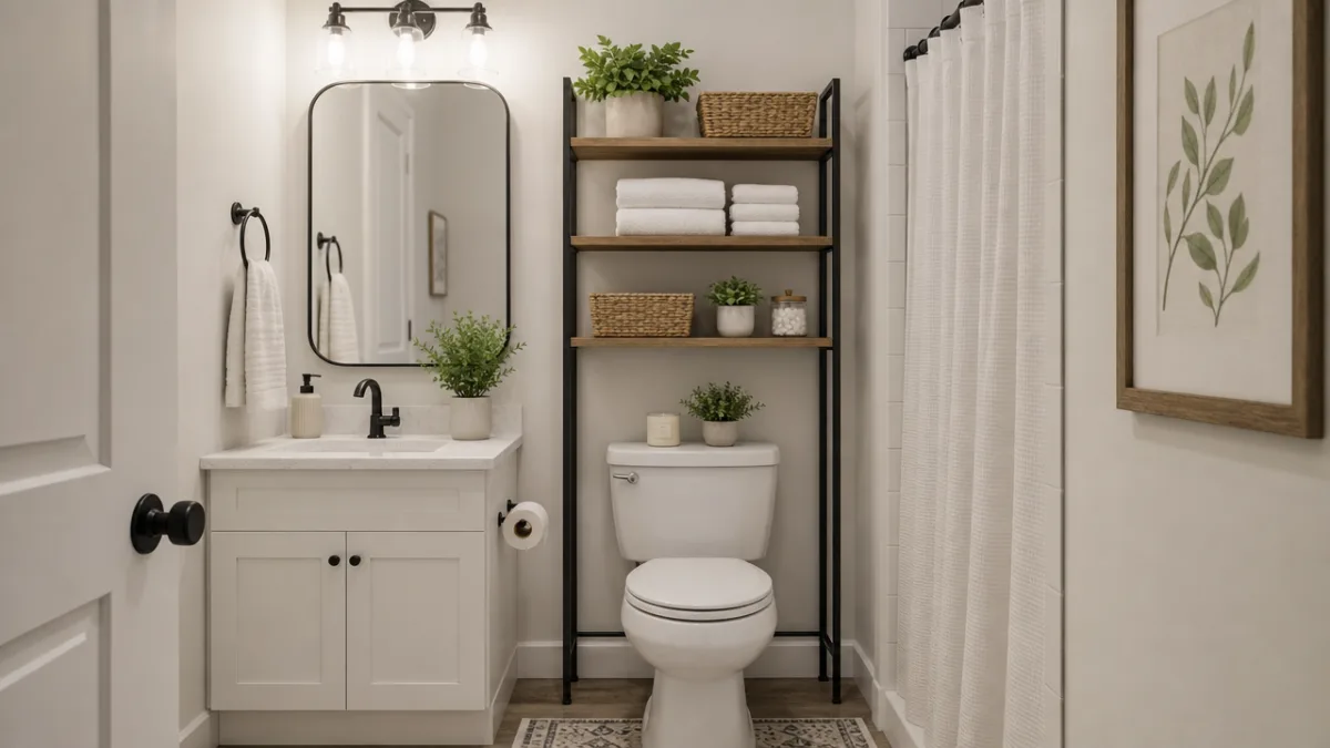 a small bathroom with over-toilet shelving, neatly folded towels, soft white lighting…