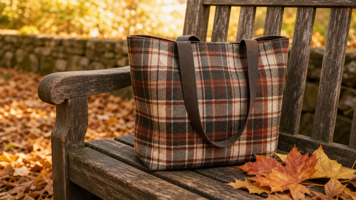 a finished plaid tote bag resting on a rustic wooden bench beside…
