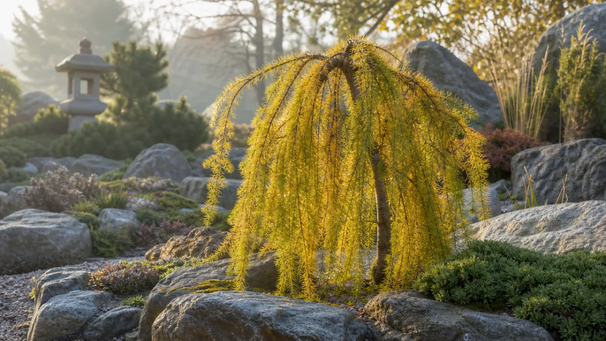 a weeping dwarf larch specimen in a rock garden, soft morning light…