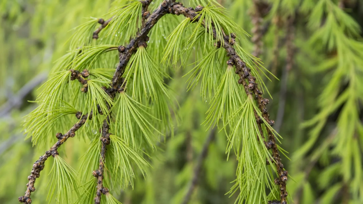 close-up of weeping larch needles and branch structure in soft diffused natural…