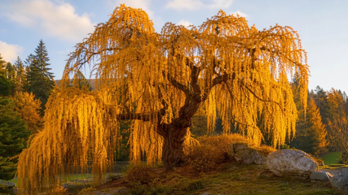 weeping larch in full autumn color with golden needles glowing in warm…