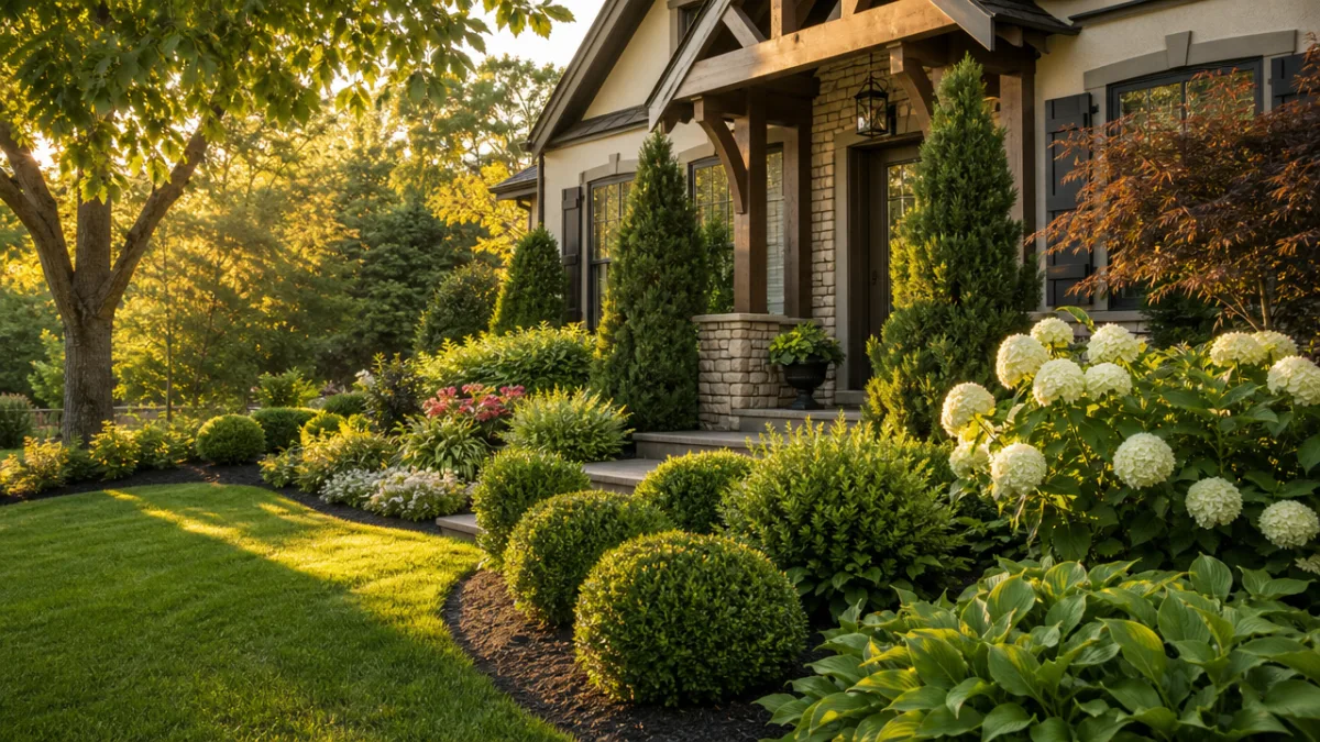 a beautifully landscaped front yard with layered shrubs in warm afternoon golden…