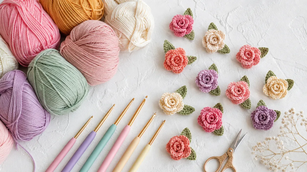 a flat lay of colorful yarn skeins, tiny crochet hooks, and delicate…