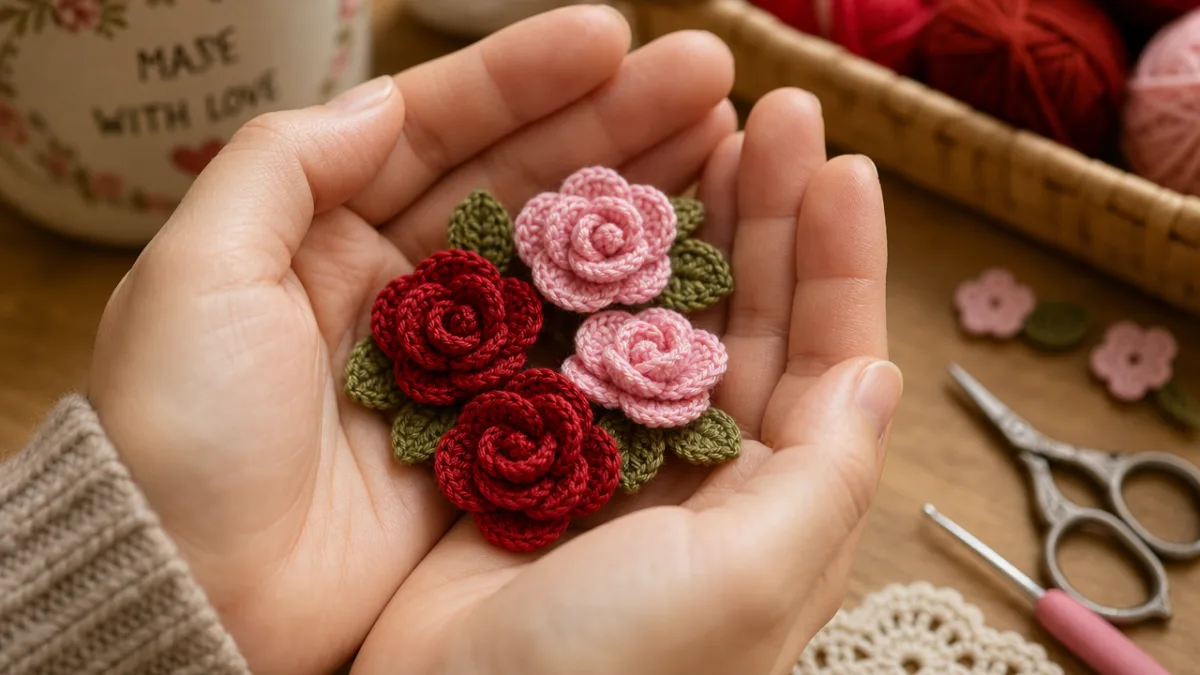a close-up of a crafter's hands holding delicate miniature crochet roses in…