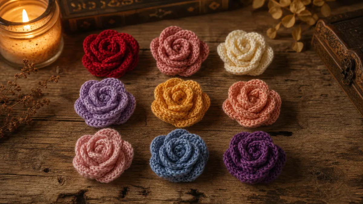 an arrangement of nine miniature crochet roses in various colors displayed on…