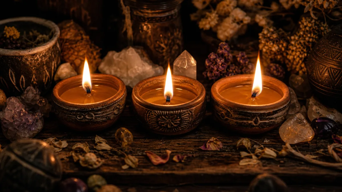 a close-up of three lit oil candles on a dark wooden altar…