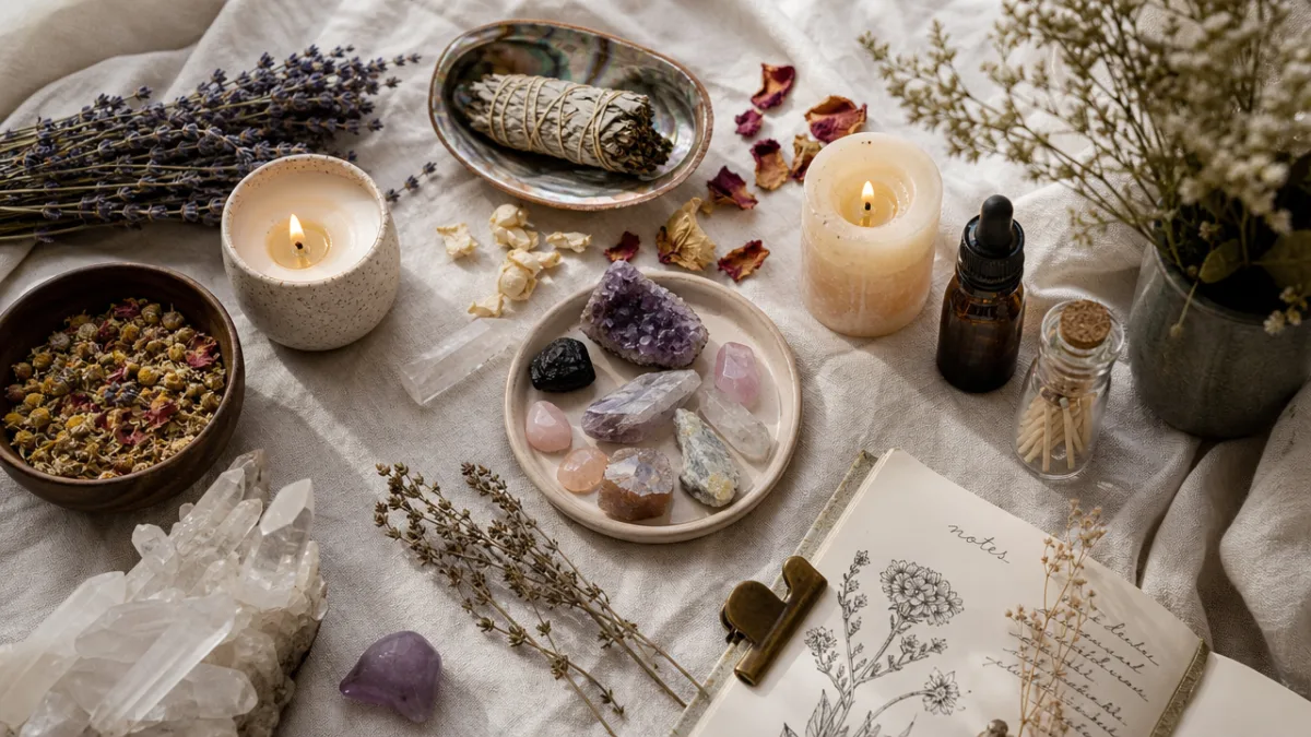 a beautifully arranged flat lay of crystals, dried herbs, and candles on…