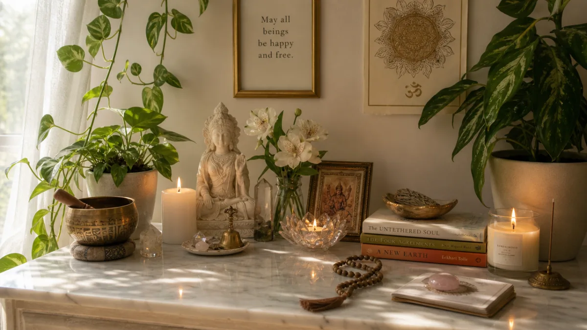a serene home altar corner with candles, plants, and meaningful objects on…