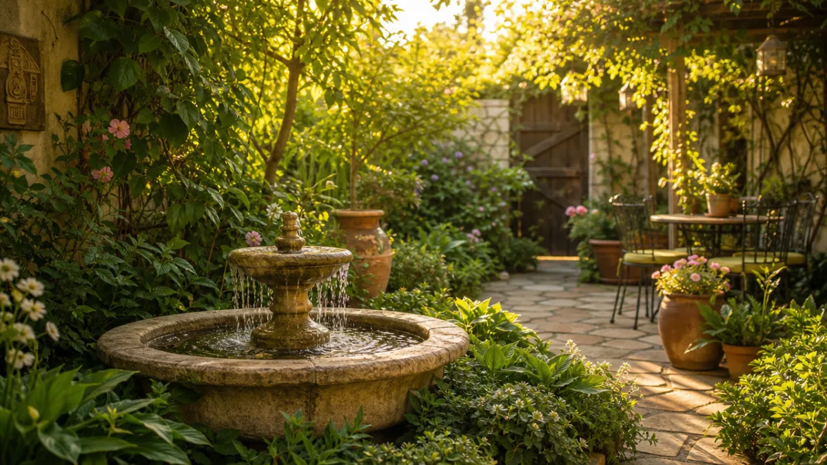 a lush backyard garden with a small stone fountain surrounded by green…