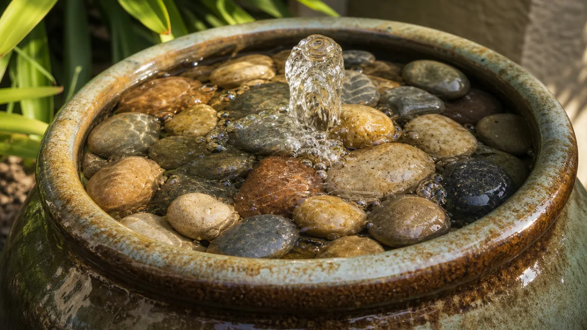 a close-up of a ceramic pot fountain with water bubbling over smooth…