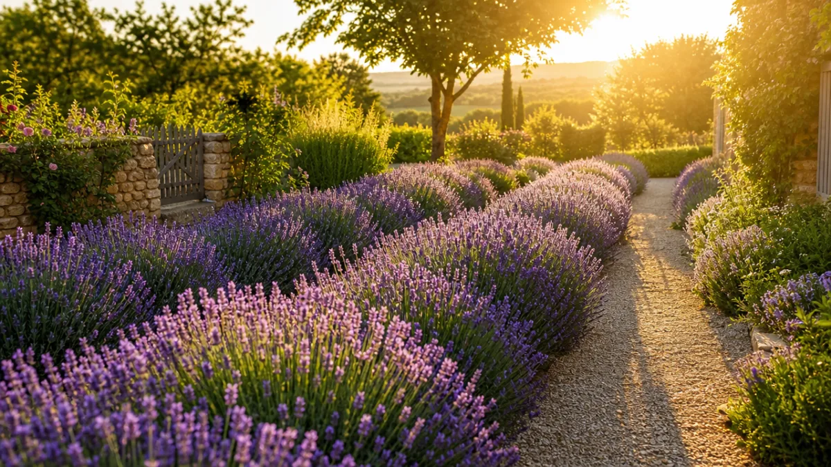 a sun-drenched garden bed with purple lavender rows in full bloom, golden…
