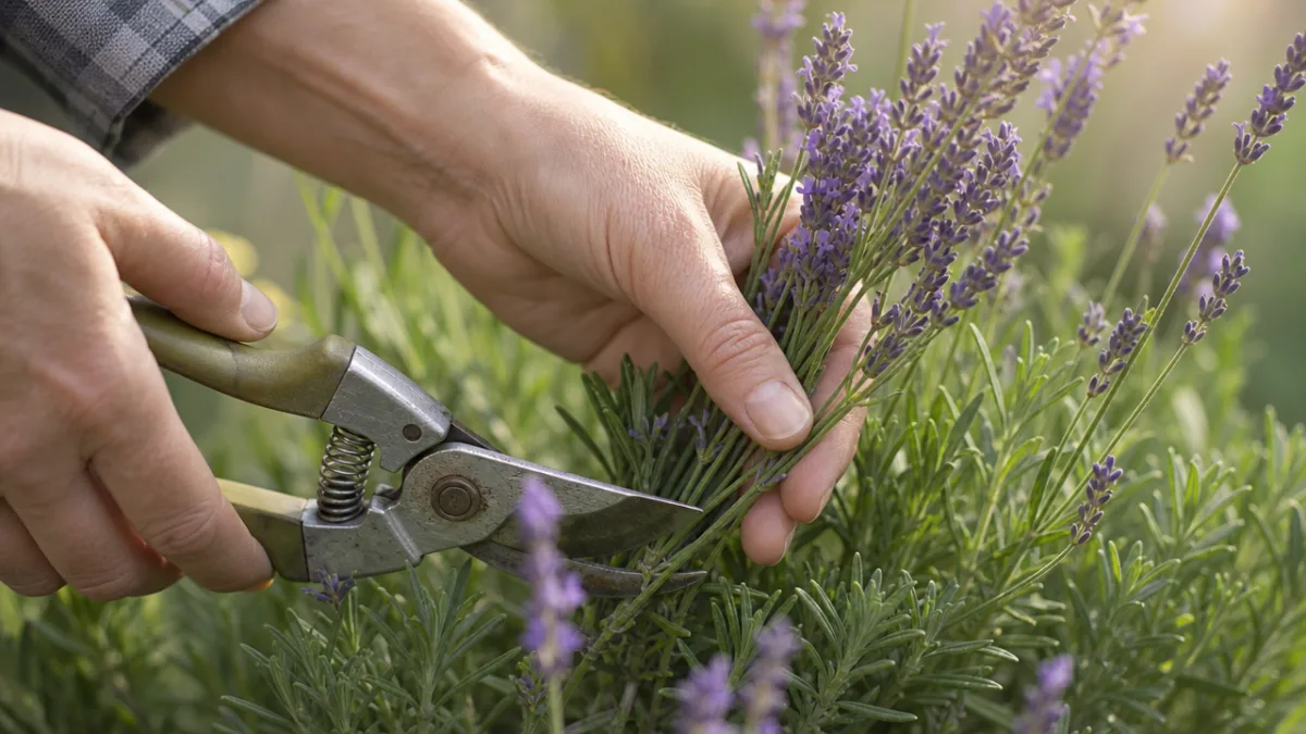 close-up of hands pruning lavender stems with garden shears, soft morning light…