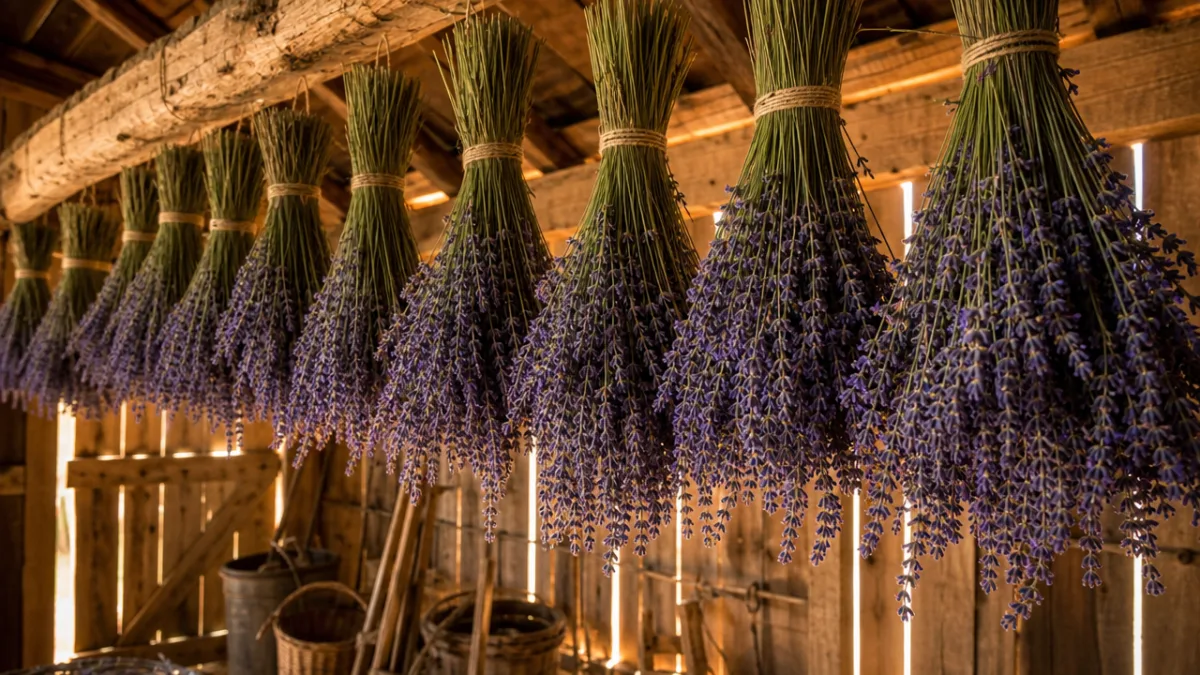 freshly harvested lavender bundles drying upside down in a rustic barn, warm…