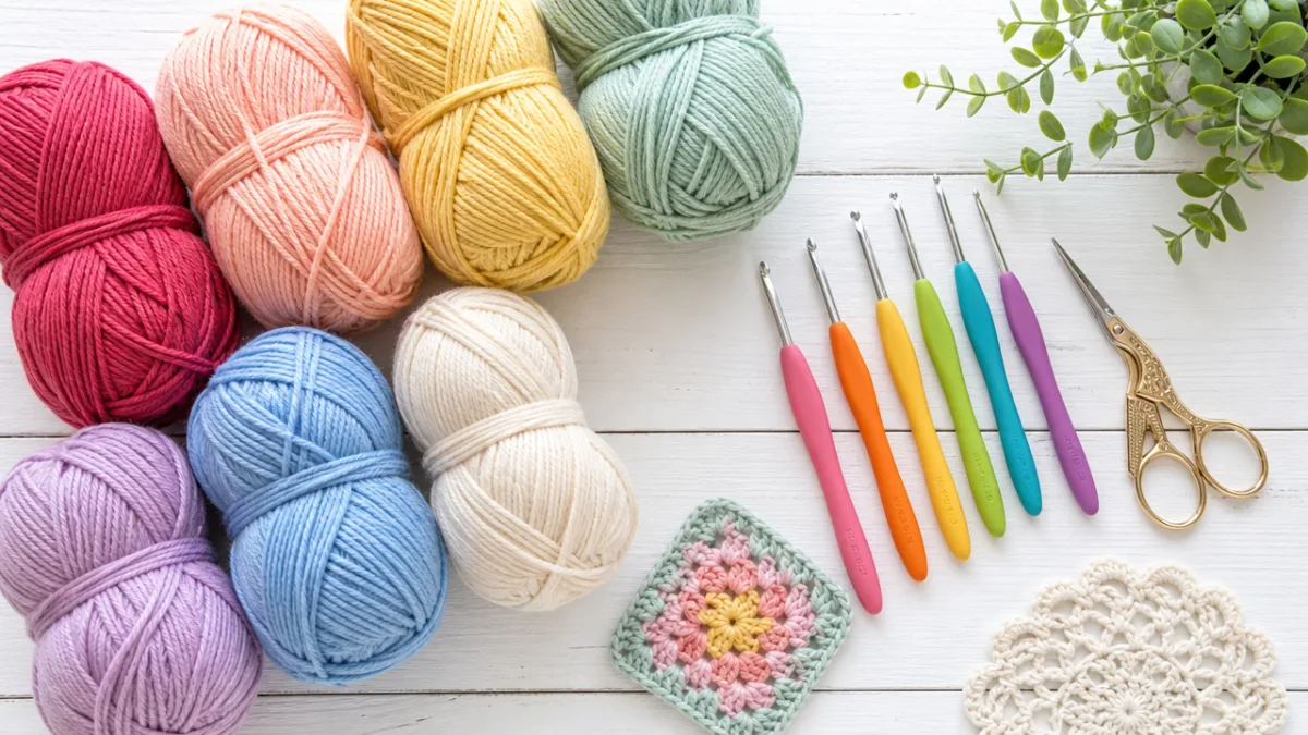 flat lay of colorful yarn skeins, crochet hooks, and scissors on a…
