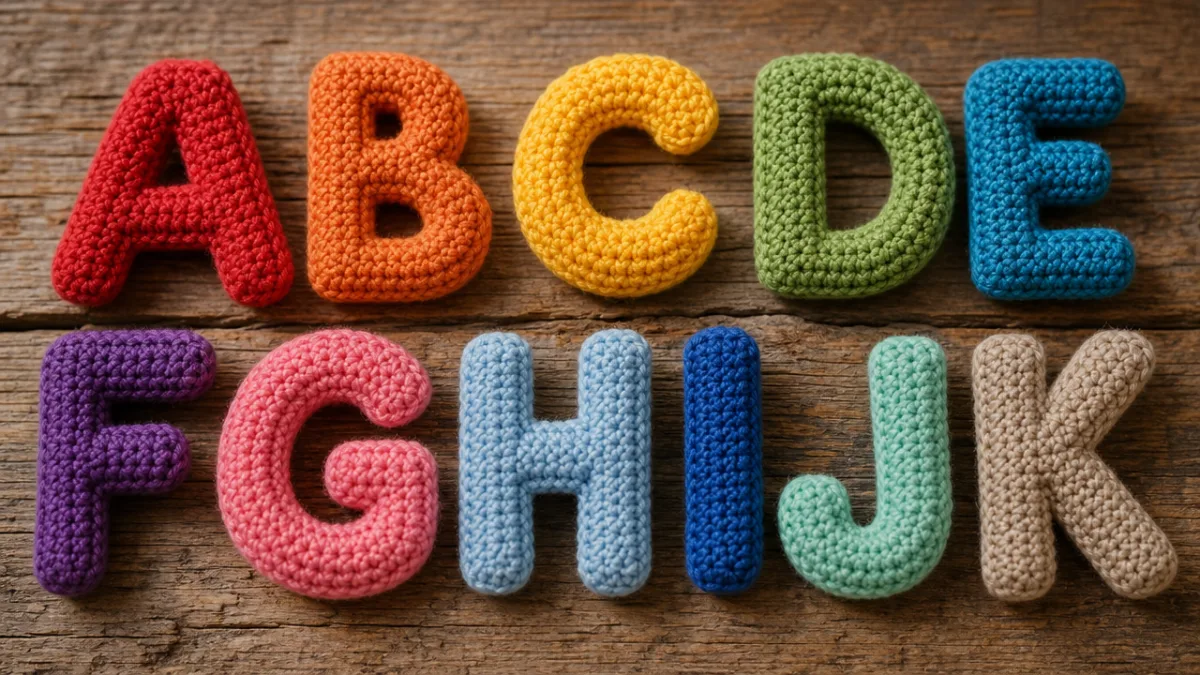 close-up of colorful crocheted alphabet letters arranged on a rustic wooden surface,…