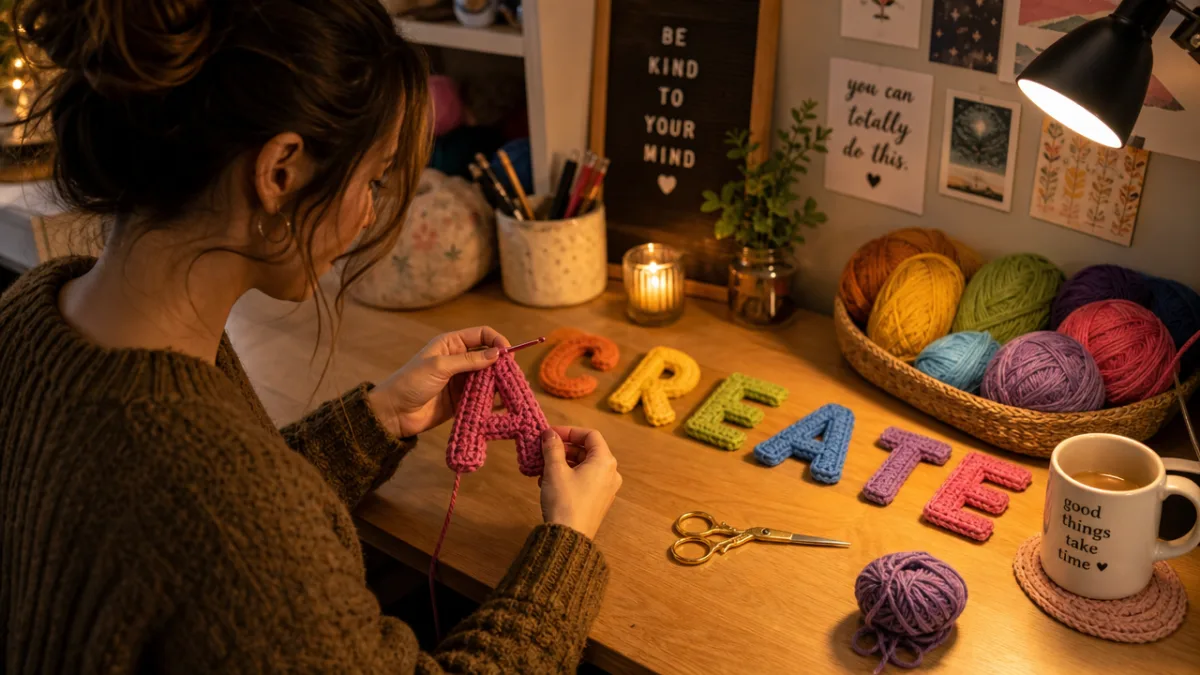 person crocheting colorful yarn letters at a cozy desk with warm lamp…