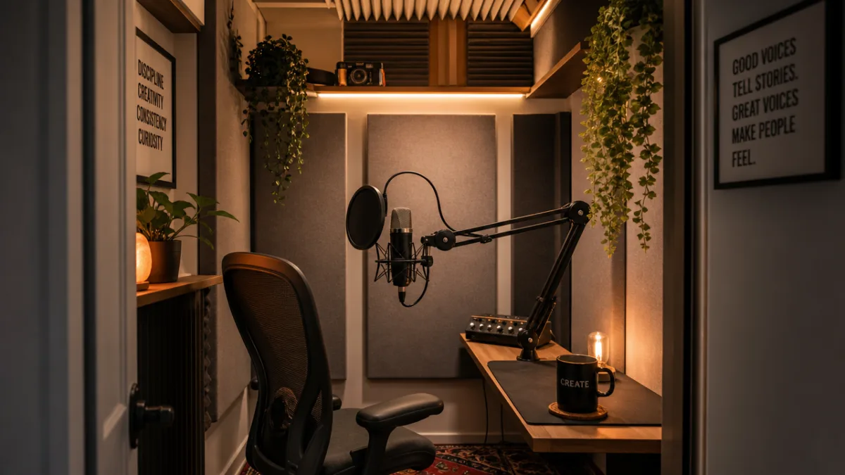 a cozy home recording closet with soft acoustic panels, warm LED lighting,…