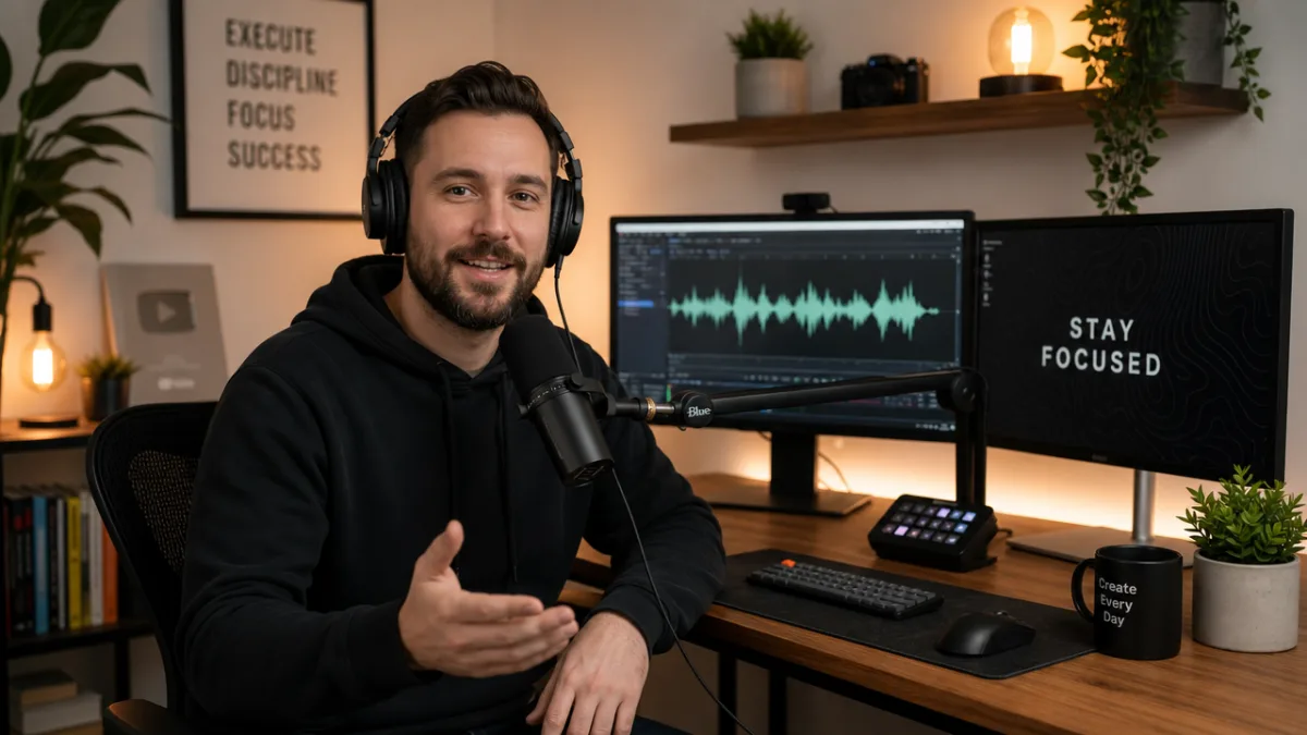 a podcaster at a clean home desk setup with dual monitors, microphone,…