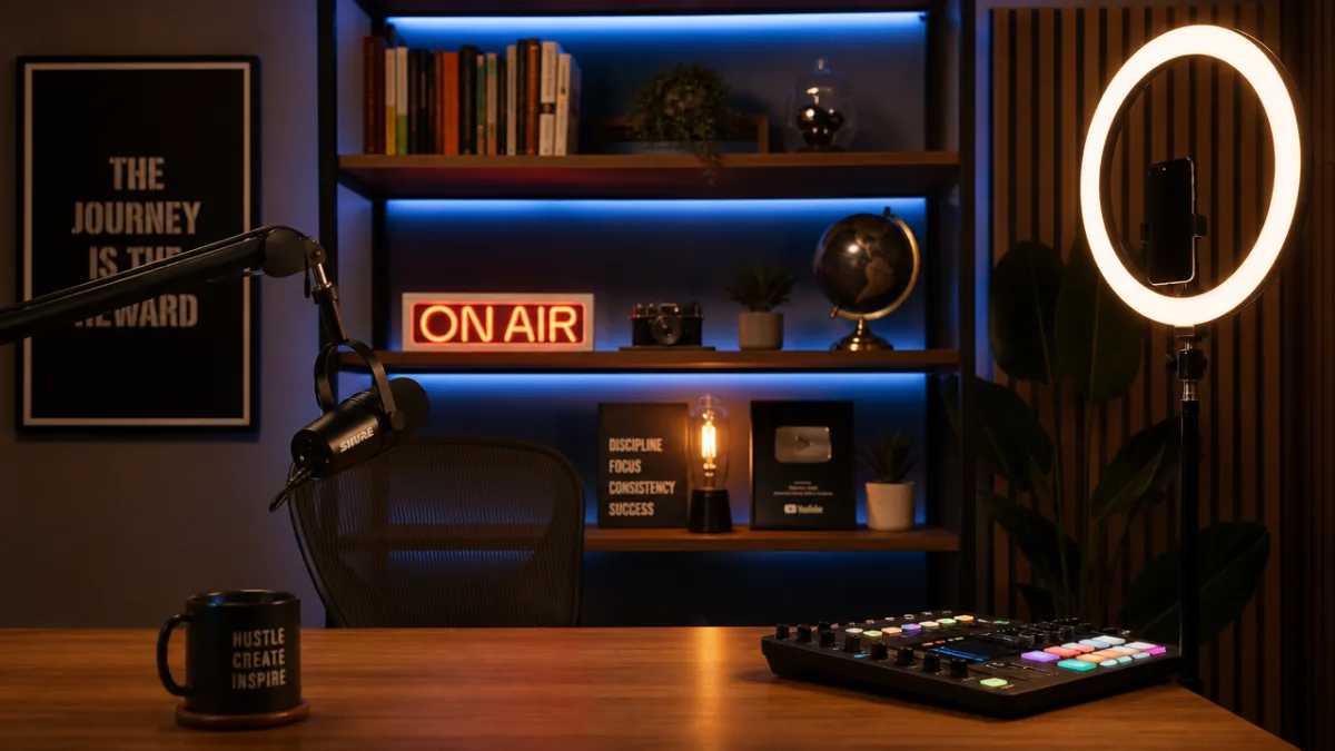 a professional-looking home podcast studio with bookshelves, LED strip lighting, and a…