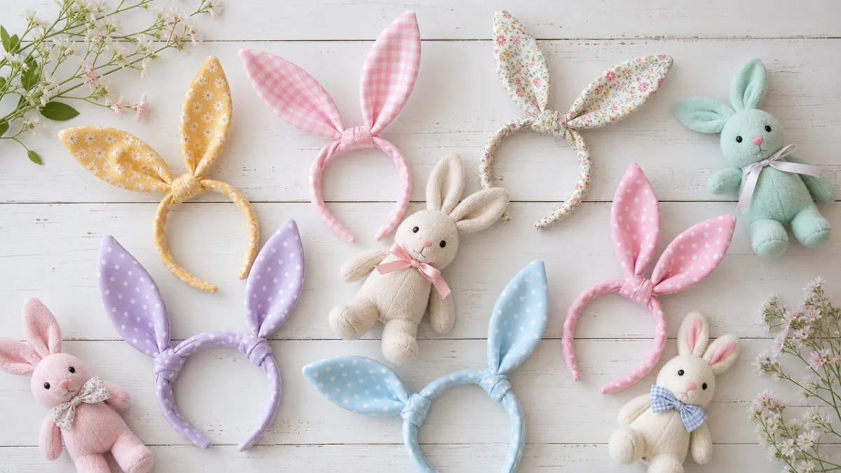 a flat lay of colorful fabric bunny ear headbands and small stuffed…
