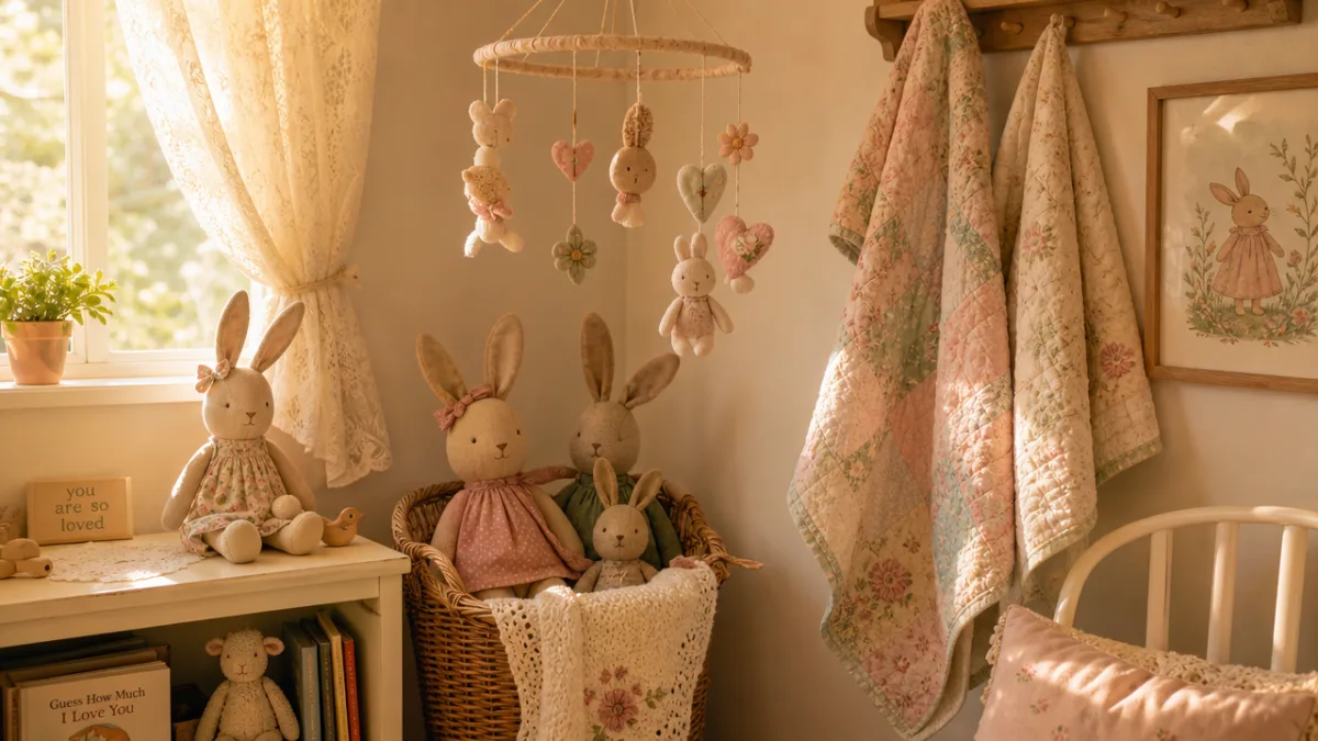 a cozy nursery corner with handmade bunny stuffed toys, a fabric mobile,…