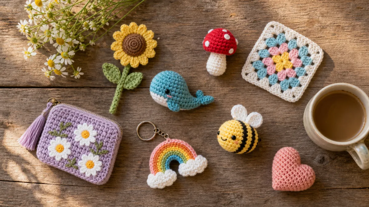 a flat lay of colorful small crochet items on a rustic wooden…