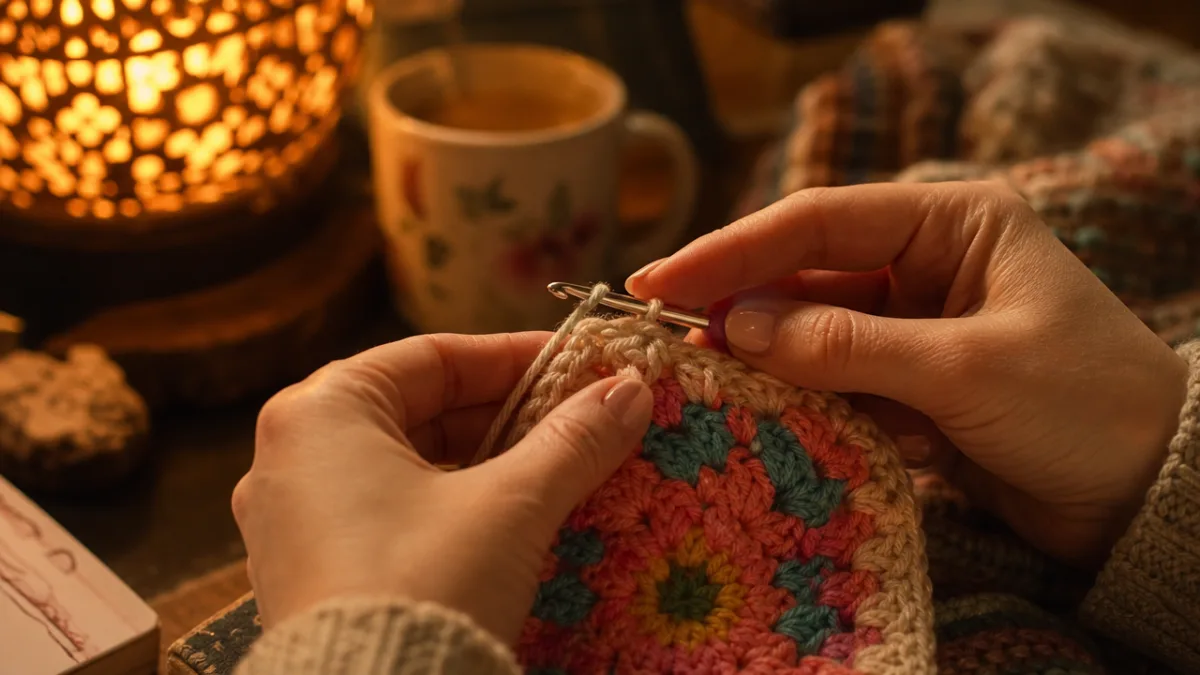 close-up of hands crocheting a colorful small project, warm golden lamp light,…