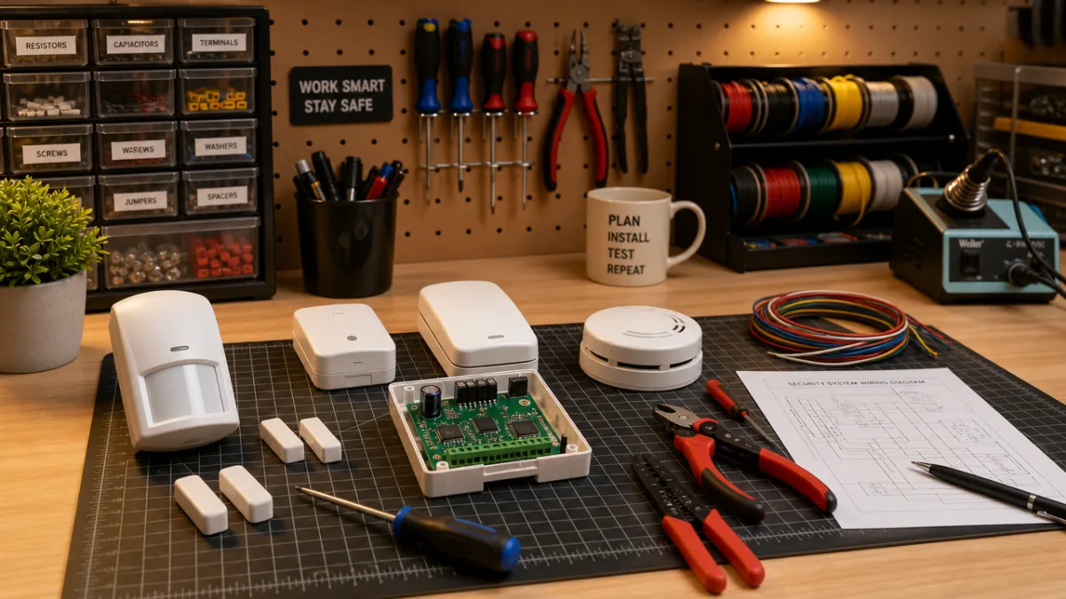 a well-lit workbench with small electronic security sensors, tools, and wiring neatly…