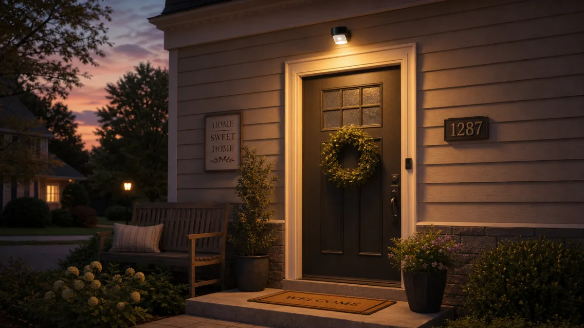 a cozy home entryway at dusk with a motion-activated light glowing warmly…