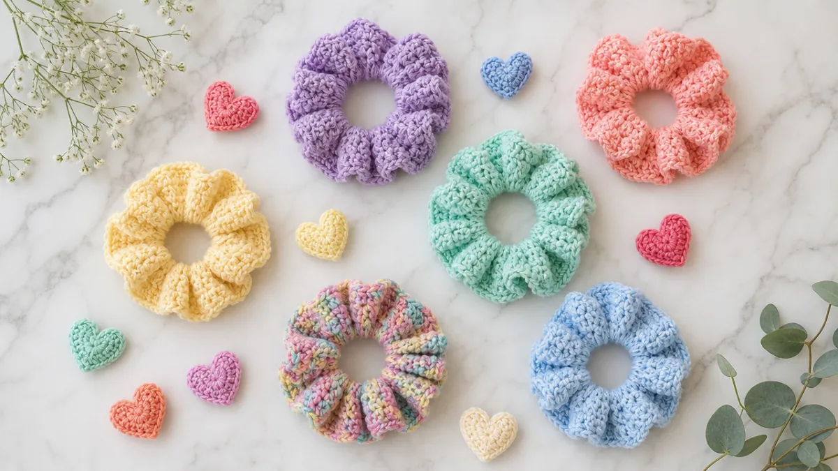 a flat lay of colorful crochet scrunchies and mini hearts on a…
