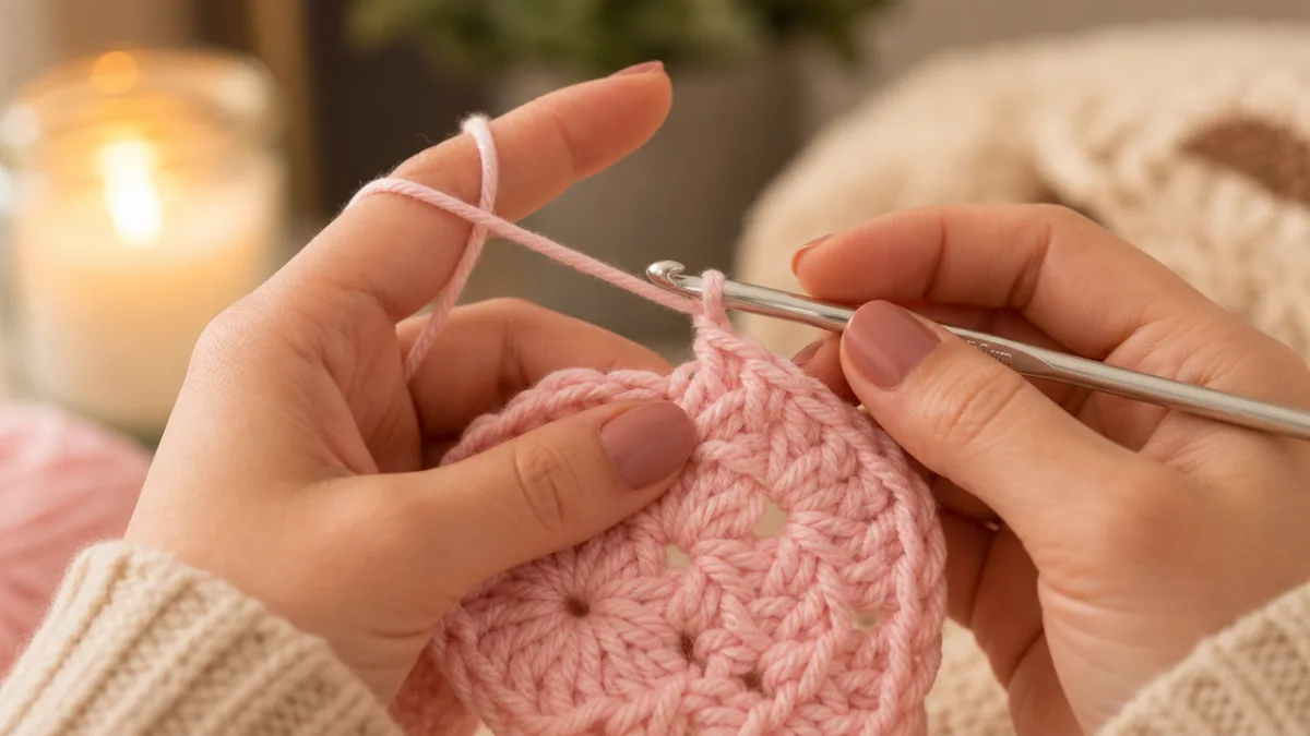close-up of a crocheter's hands working with pastel pink yarn and silver…