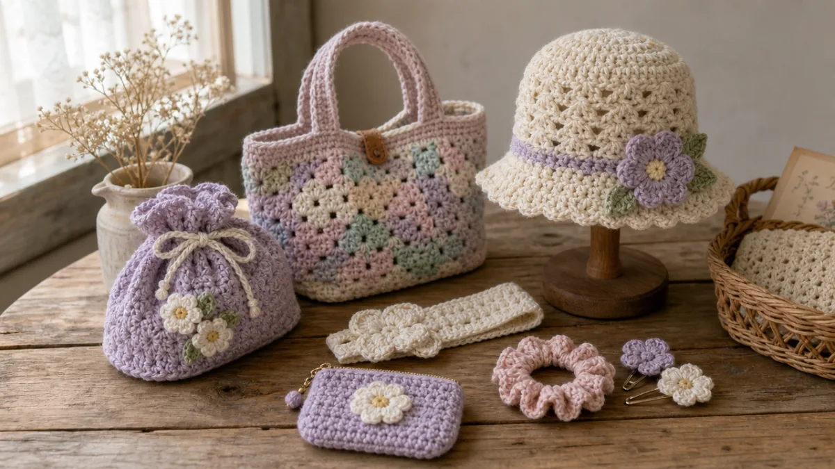 a rustic wooden table with arranged finished crochet accessories in pastel colors,…